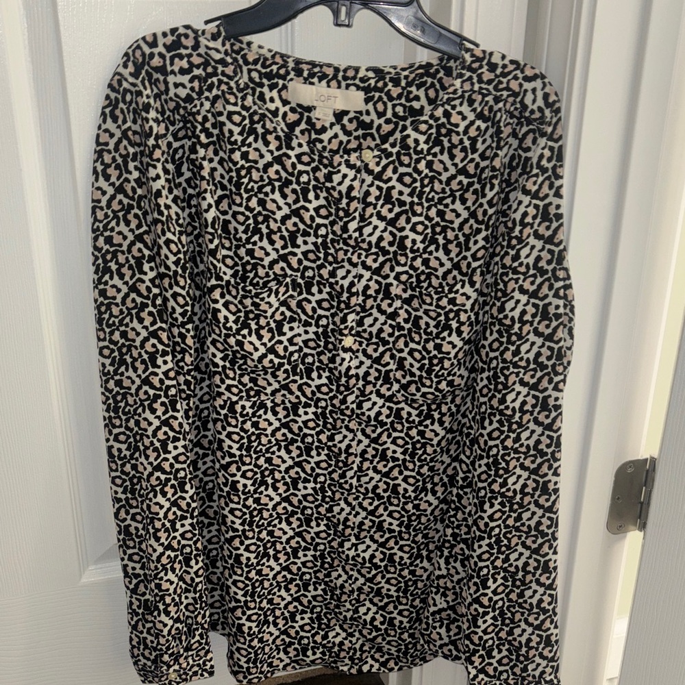 LOFT Leopard Print Long Sleeve Scoop Neck Sweater - Black, Cream & Pink